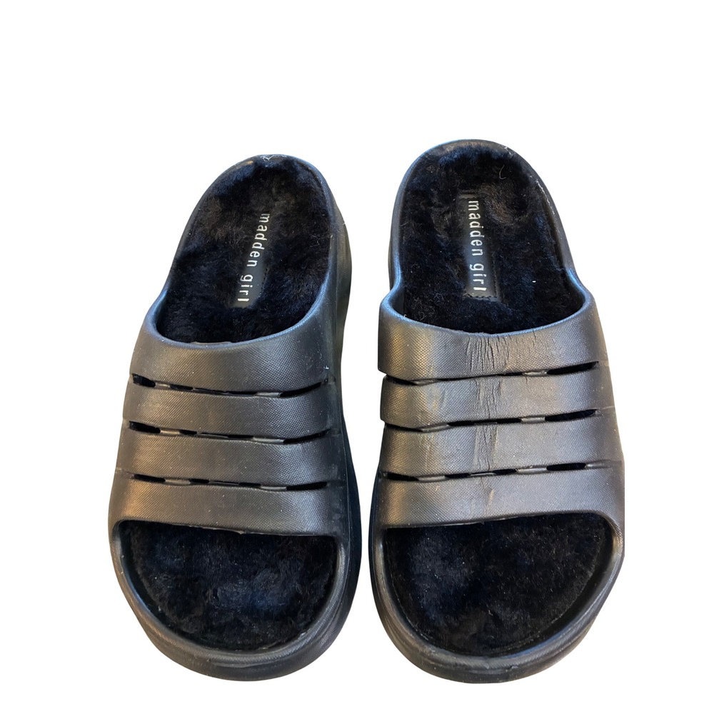 Madden Girl Hawai Slide Sandals Women Sz 7 Black Excellent Faux Fur Platform